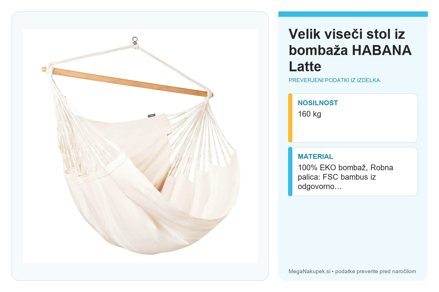Velik viseči stol iz bombaža HABANA Latte – infografika s preverjenimi podatki