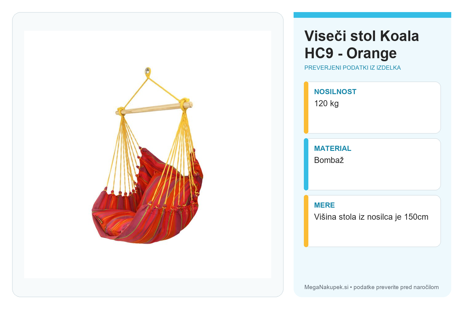 Viseči stol Koala HC9 - Orange – infografika s tehničnimi podatki