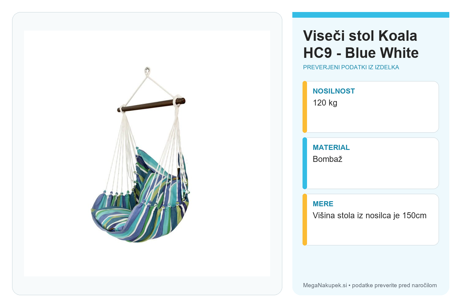Viseči stol Koala HC9 - Blue White – infografika s tehničnimi podatki
