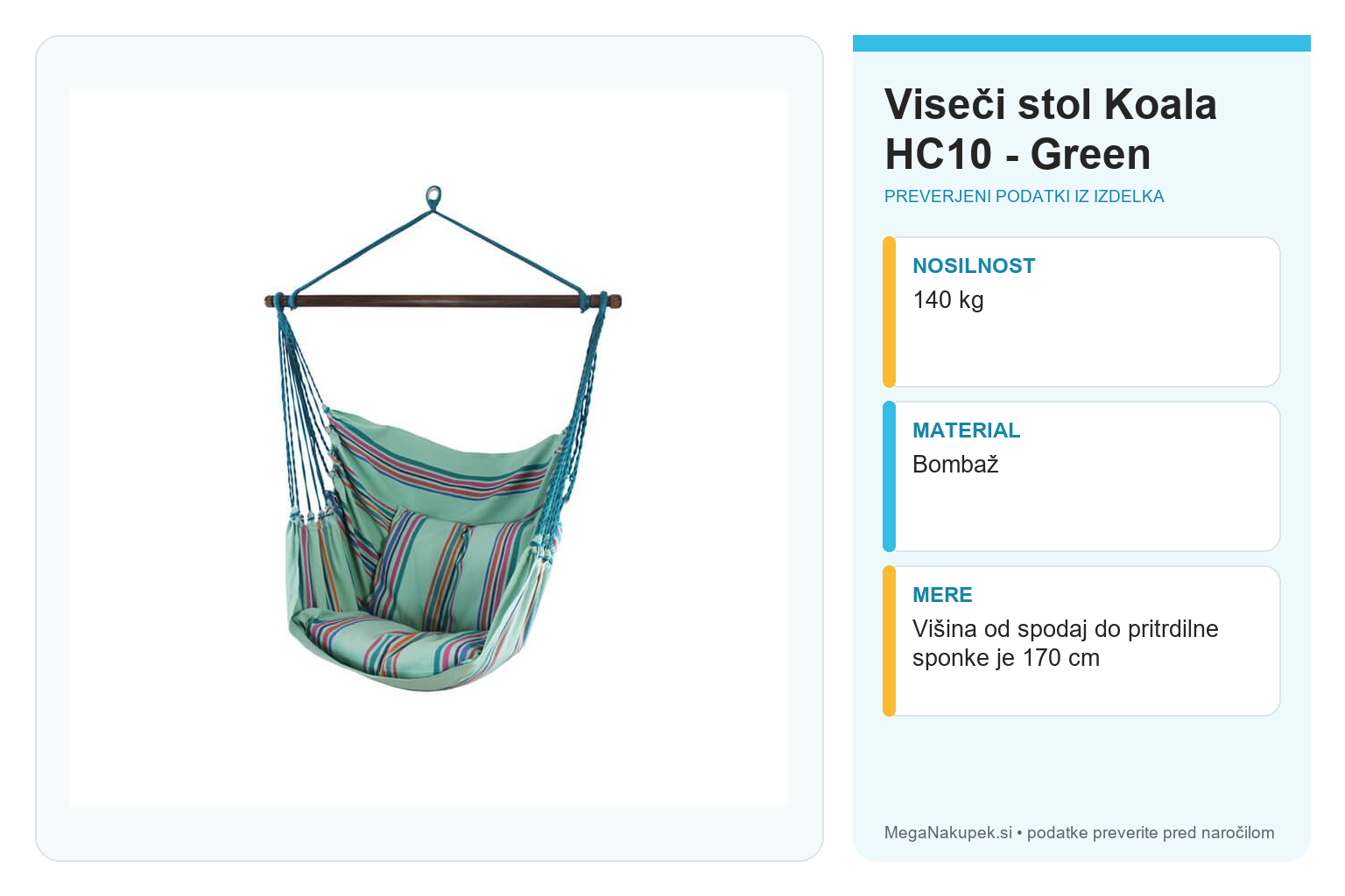 Viseči stol Koala HC10 - Green – infografika s tehničnimi podatki