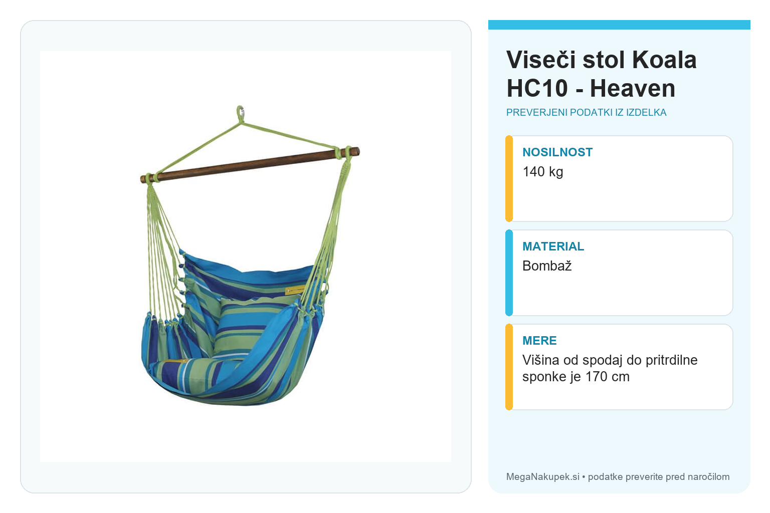 Viseči stol Koala HC10 - Heaven – infografika s tehničnimi podatki