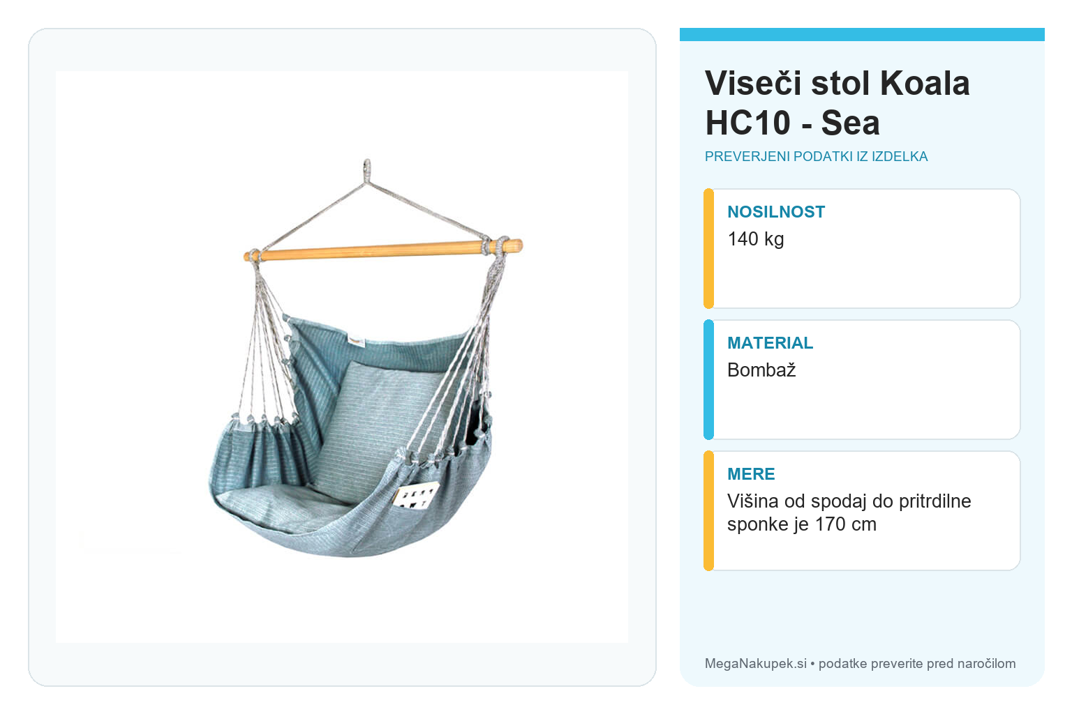 Viseči stol Koala HC10 - Sea – infografika s preverjenimi podatki