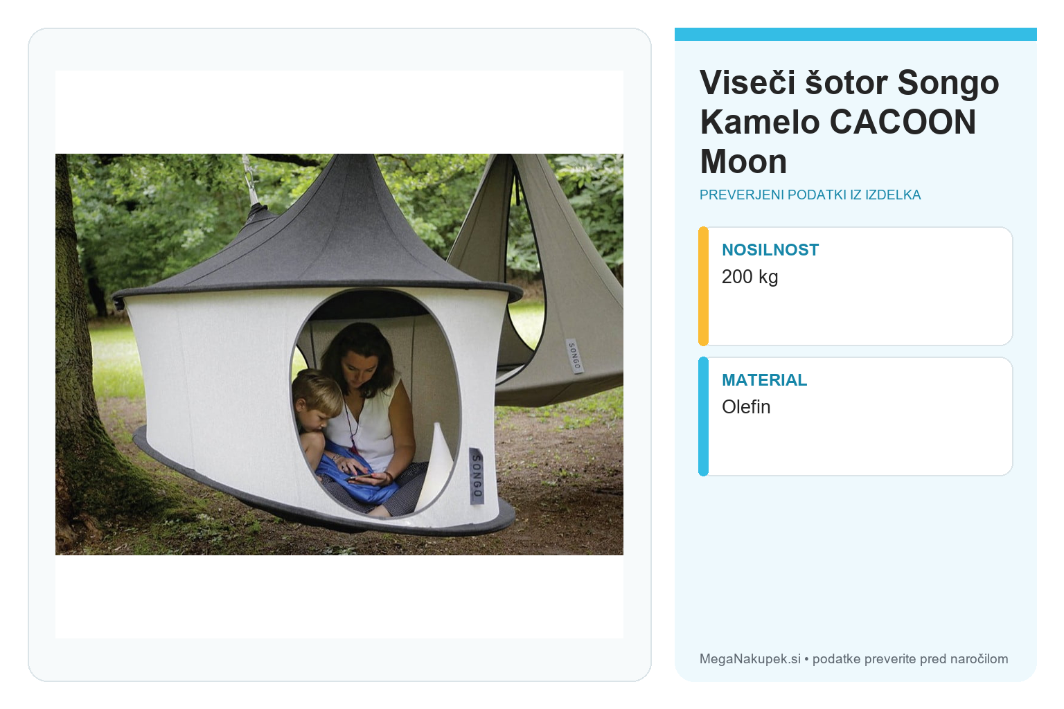 Viseči šotor Songo Kamelo CACOON Moon – infografika s preverjenimi podatki