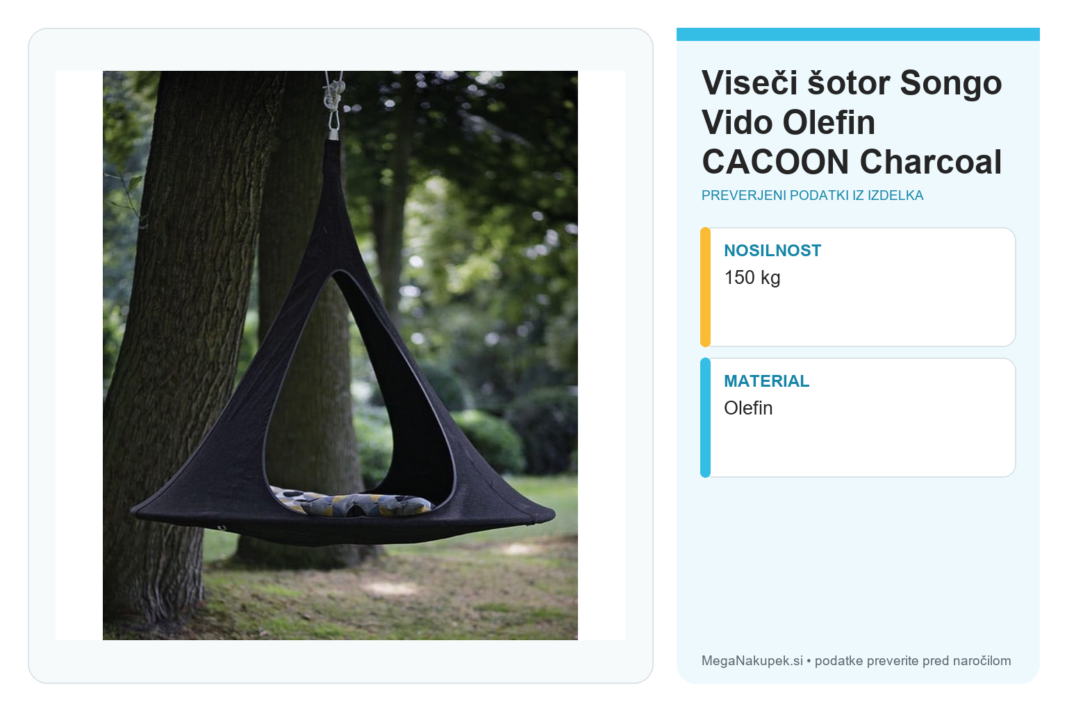 Viseči šotor Songo Vido Olefin CACOON Charcoal – infografika s preverjenimi podatki