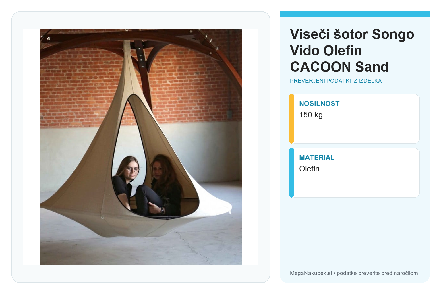 Viseči šotor Songo Vido Olefin CACOON Sand – infografika s preverjenimi podatki