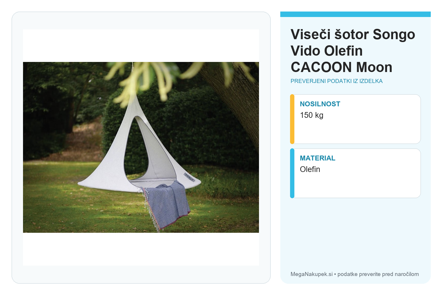 Viseči šotor Songo Vido Olefin CACOON Moon – infografika s preverjenimi podatki