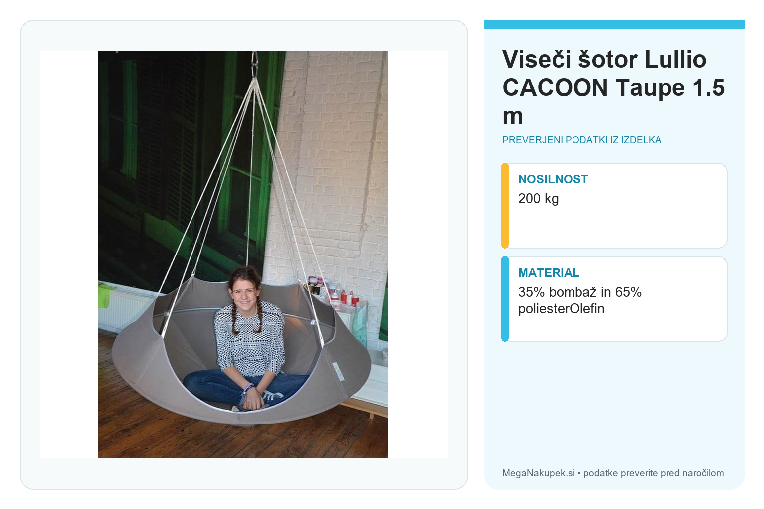 Viseči šotor Lullio CACOON Taupe 1.5 m – infografika s preverjenimi podatki
