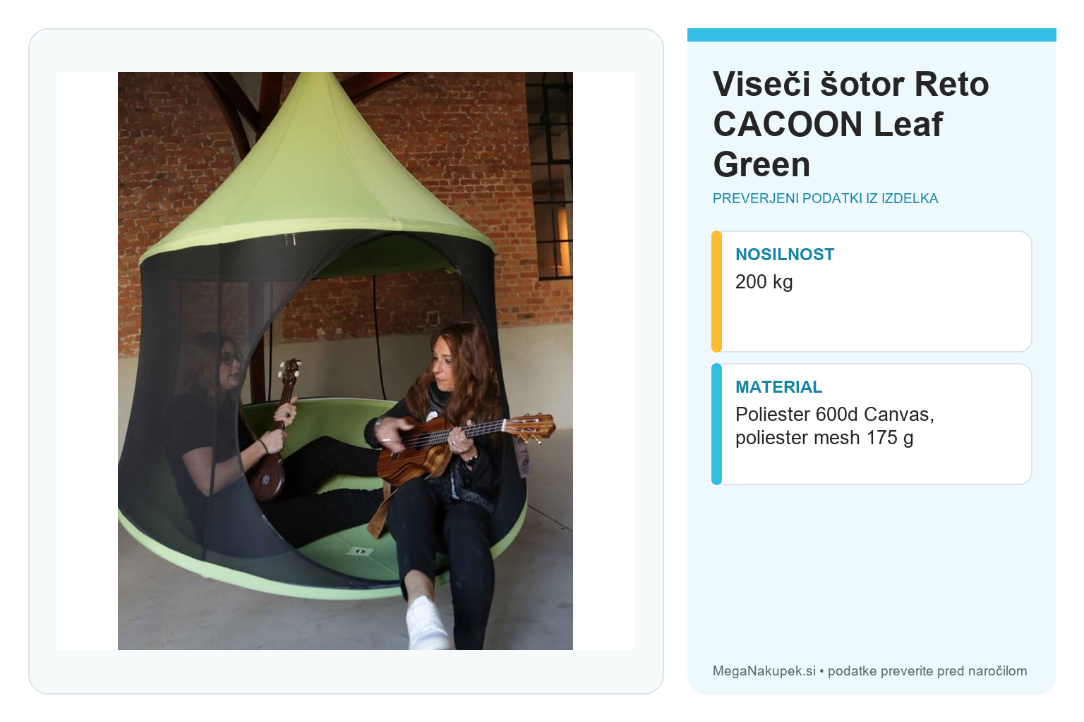 Viseči šotor Reto CACOON Leaf Green – infografika s preverjenimi podatki
