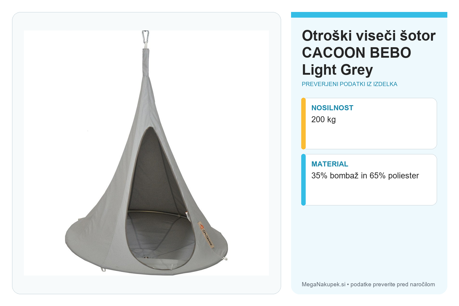 Otroški viseči šotor CACOON BEBO Light Grey – infografika s preverjenimi podatki