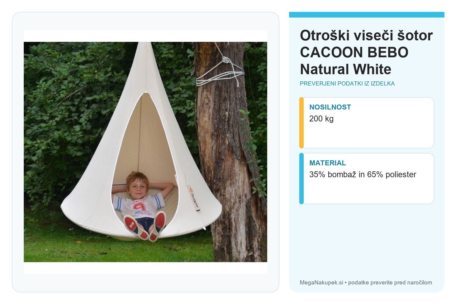 Otroški viseči šotor CACOON BEBO Natural White – infografika s preverjenimi podatki