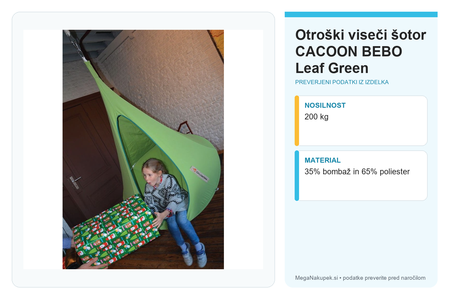Otroški viseči šotor CACOON BEBO Leaf Green – infografika s preverjenimi podatki