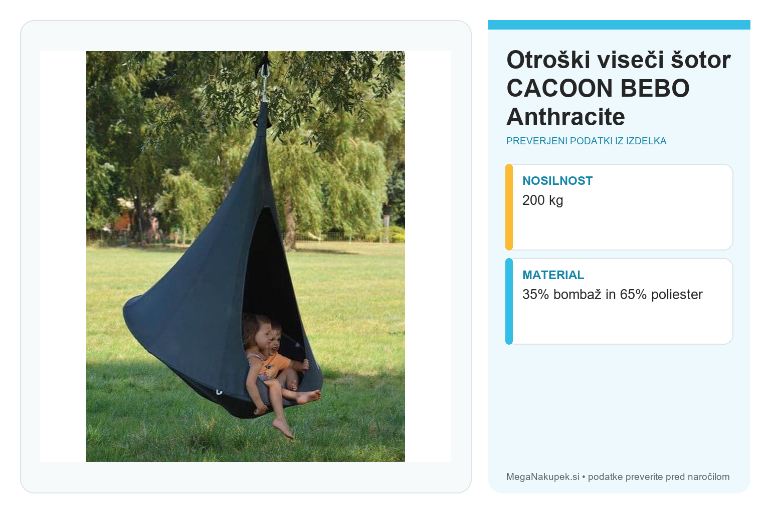 Otroški viseči šotor CACOON BEBO Anthracite – infografika s preverjenimi podatki