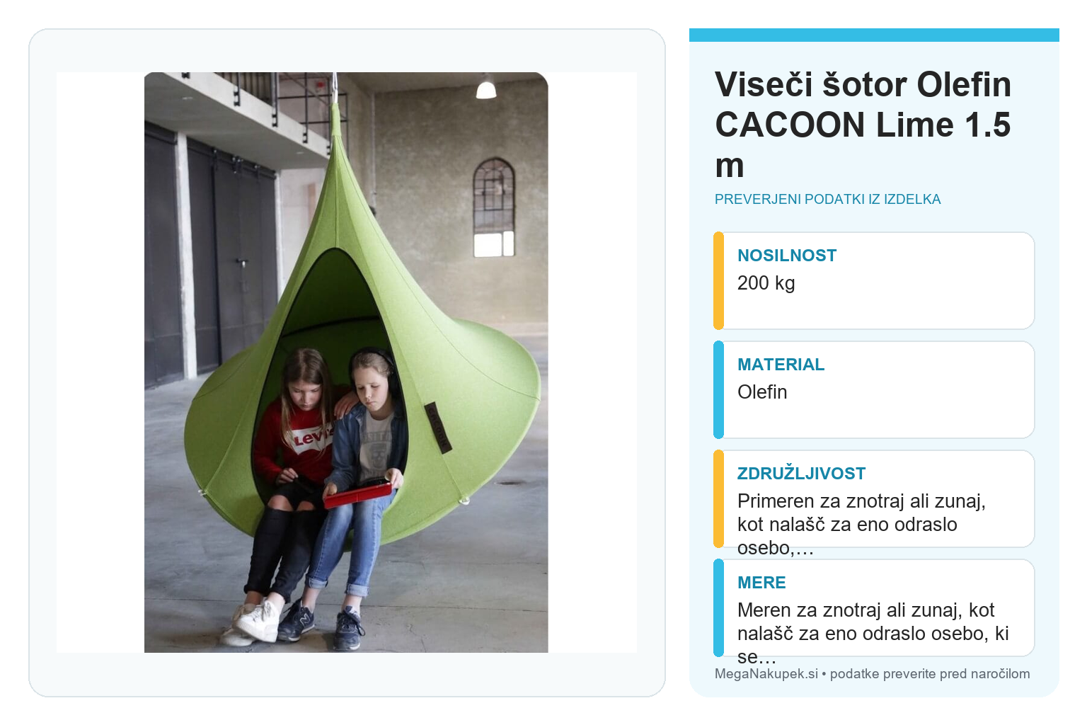Viseči šotor Olefin CACOON Lime 1.5 m – infografika s preverjenimi podatki