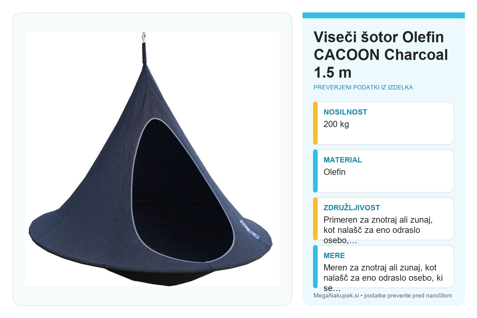 Viseči šotor Olefin CACOON Charcoal 1.5 m – infografika s preverjenimi podatki