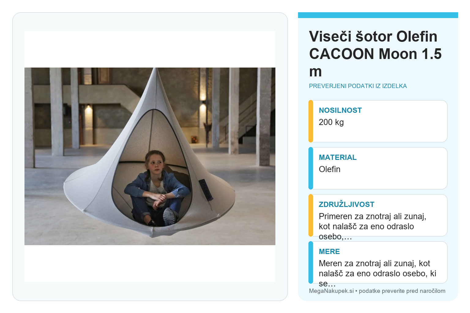 Viseči šotor Olefin CACOON Moon 1.5 m – infografika s preverjenimi podatki