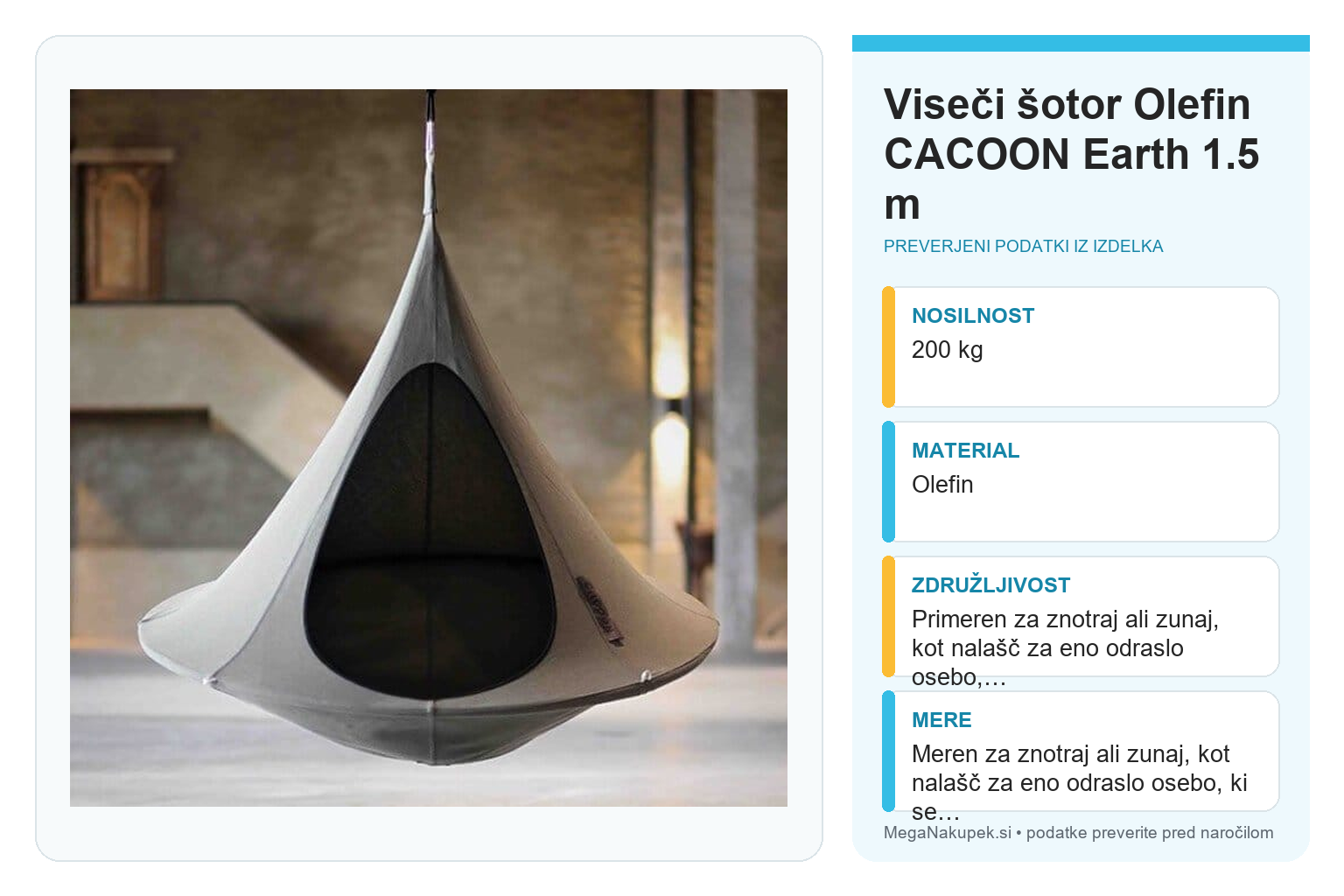 Viseči šotor Olefin CACOON Earth 1.5 m – infografika s preverjenimi podatki