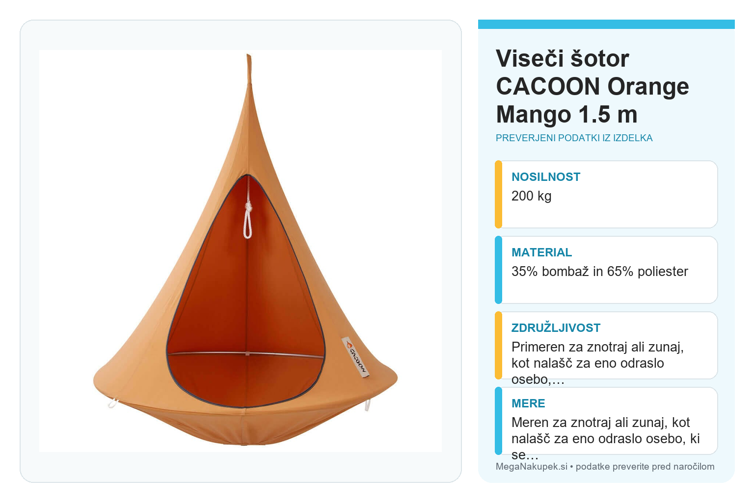 Viseči šotor CACOON Orange Mango 1.5 m – infografika s preverjenimi podatki
