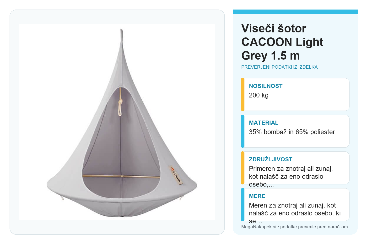 Viseči šotor CACOON Light Grey 1.5 m – infografika s preverjenimi podatki