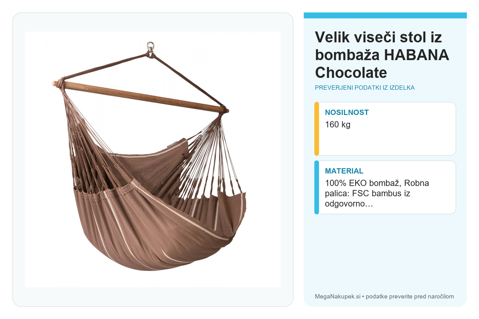 Velik viseči stol iz bombaža HABANA Chocolate – infografika s preverjenimi podatki