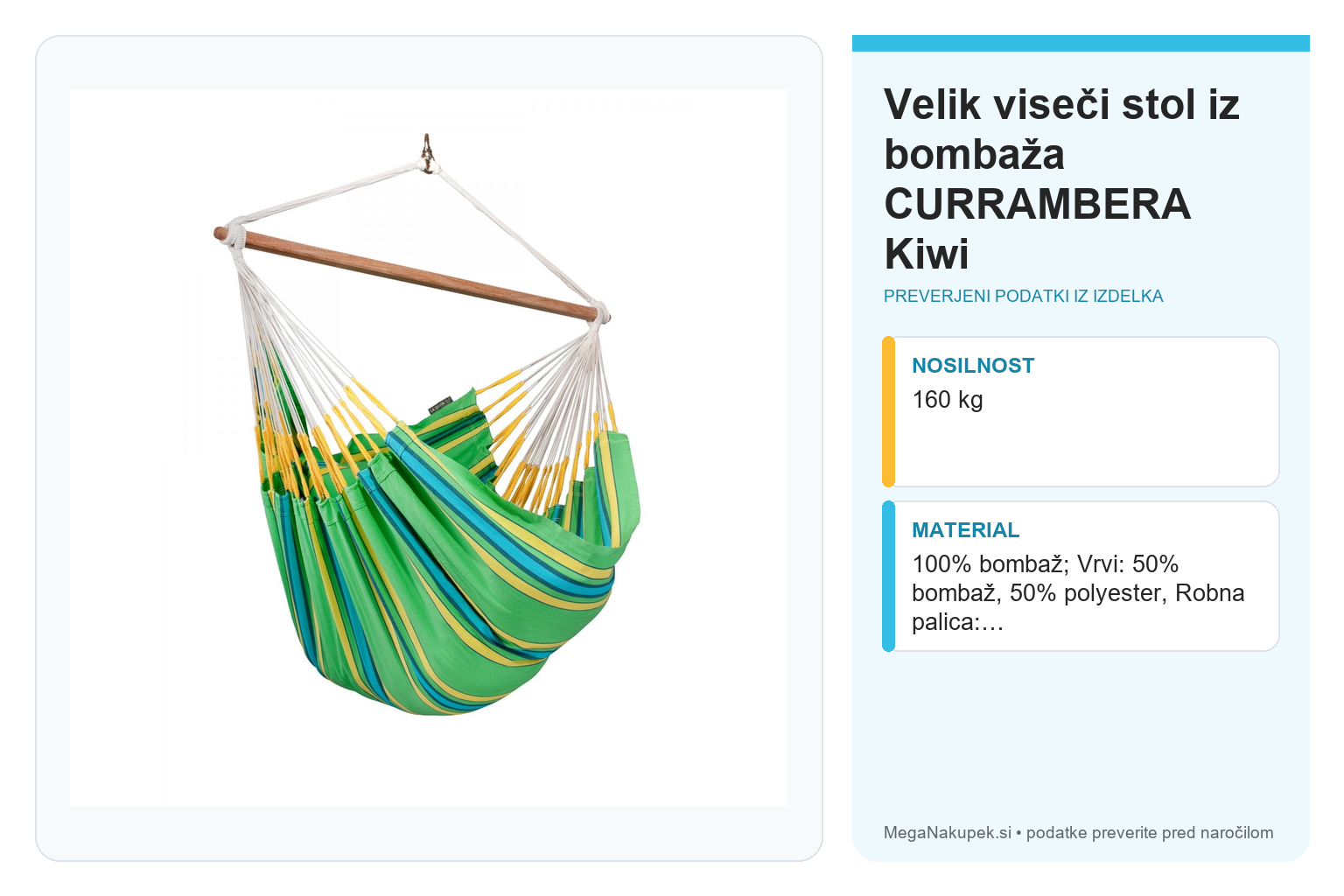 Velik viseči stol iz bombaža CURRAMBERA Kiwi – infografika s preverjenimi podatki