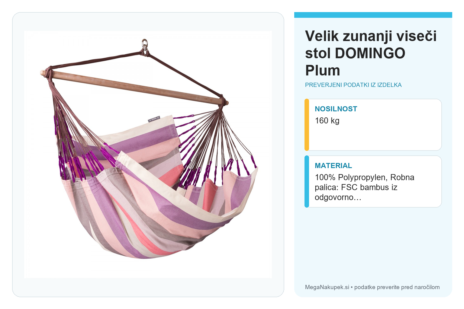 Velik zunanji viseči stol DOMINGO Plum – infografika s preverjenimi podatki