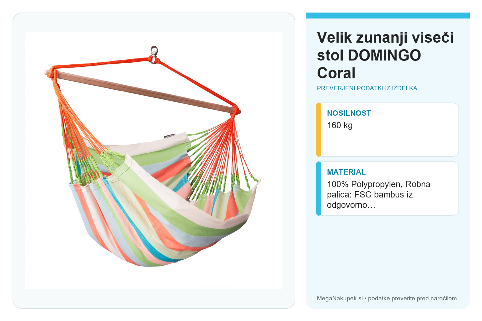 Velik zunanji viseči stol DOMINGO Coral – infografika s preverjenimi podatki