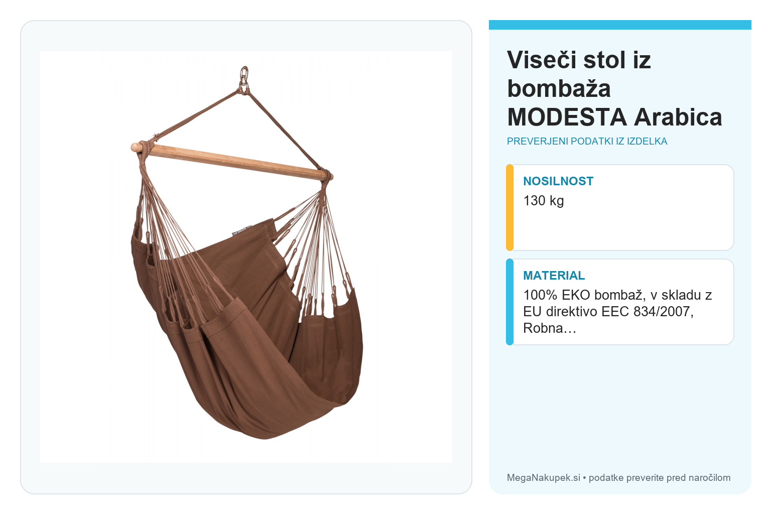 Viseči stol iz bombaža MODESTA Arabica – infografika s preverjenimi podatki