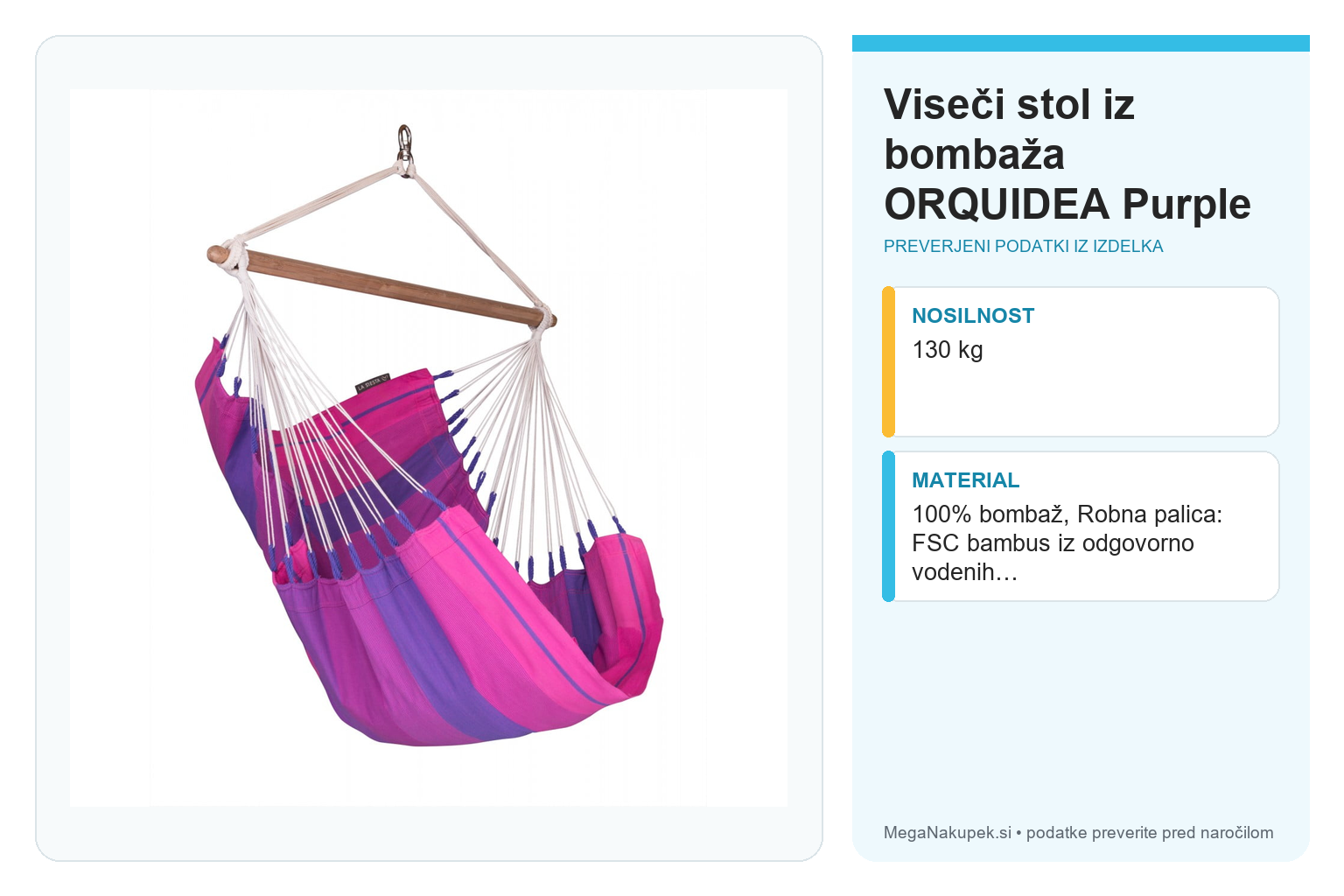 Viseči stol iz bombaža ORQUIDEA Purple – infografika s preverjenimi podatki