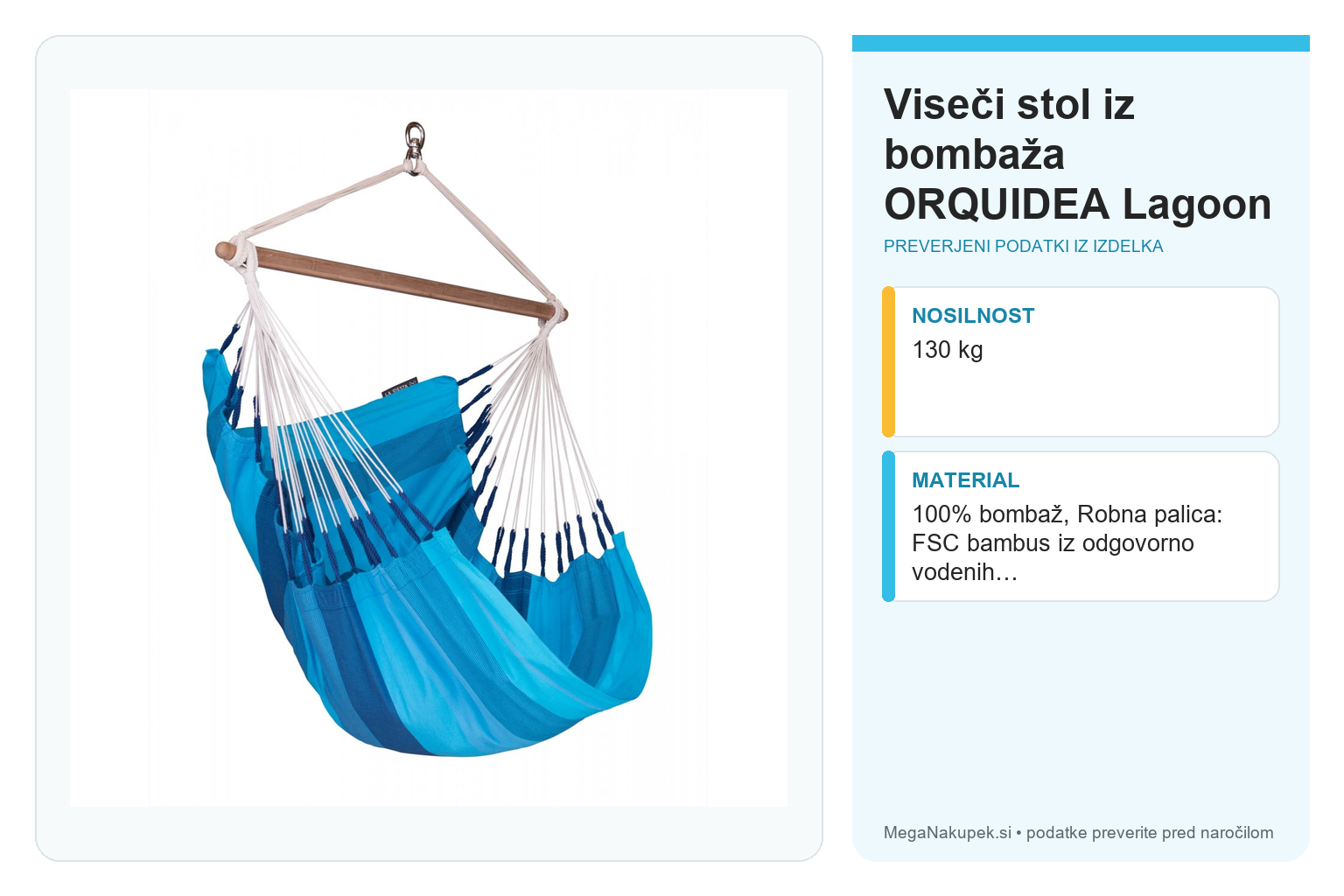 Viseči stol iz bombaža ORQUIDEA Lagoon – infografika s preverjenimi podatki