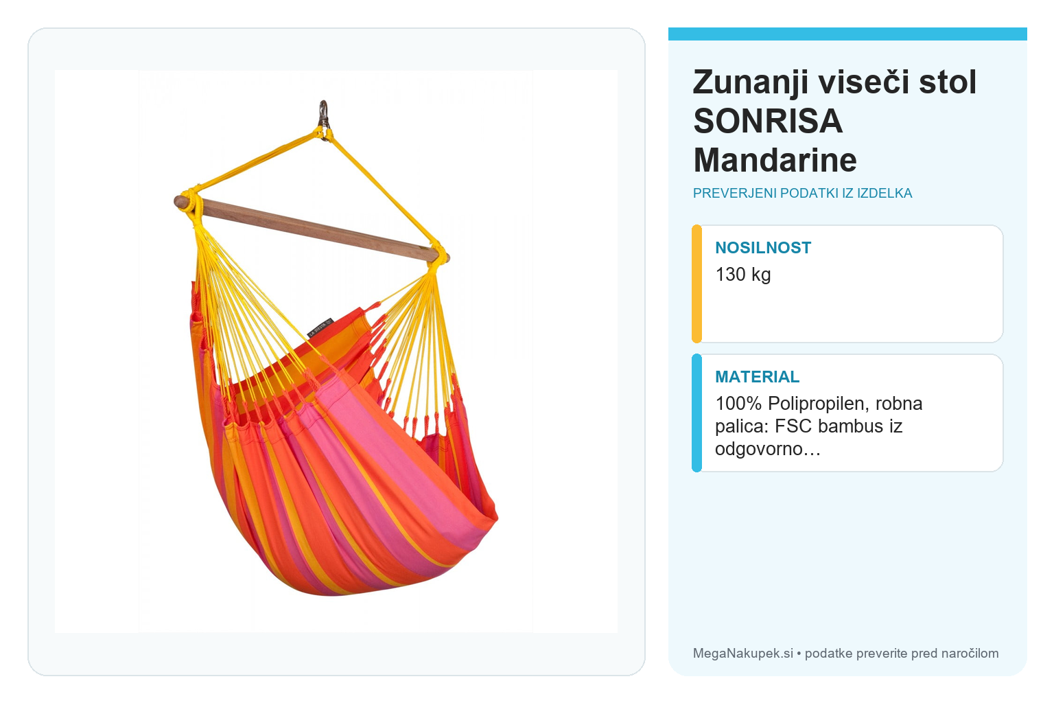 Zunanji viseči stol SONRISA Mandarine – infografika s preverjenimi podatki