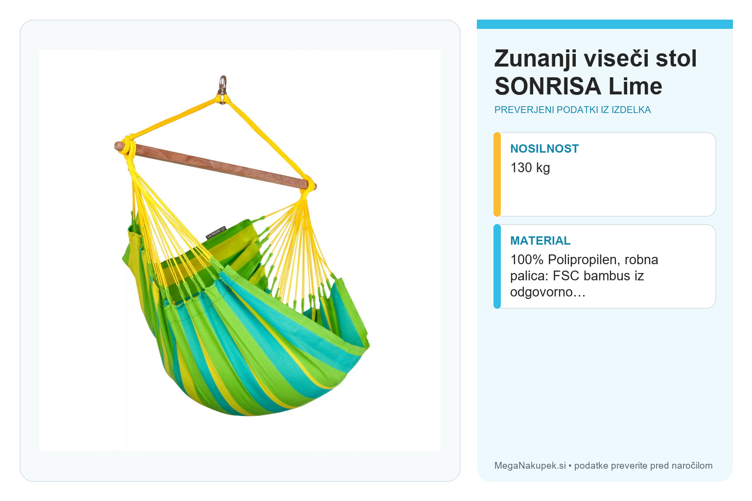 Zunanji viseči stol SONRISA Lime – infografika s preverjenimi podatki