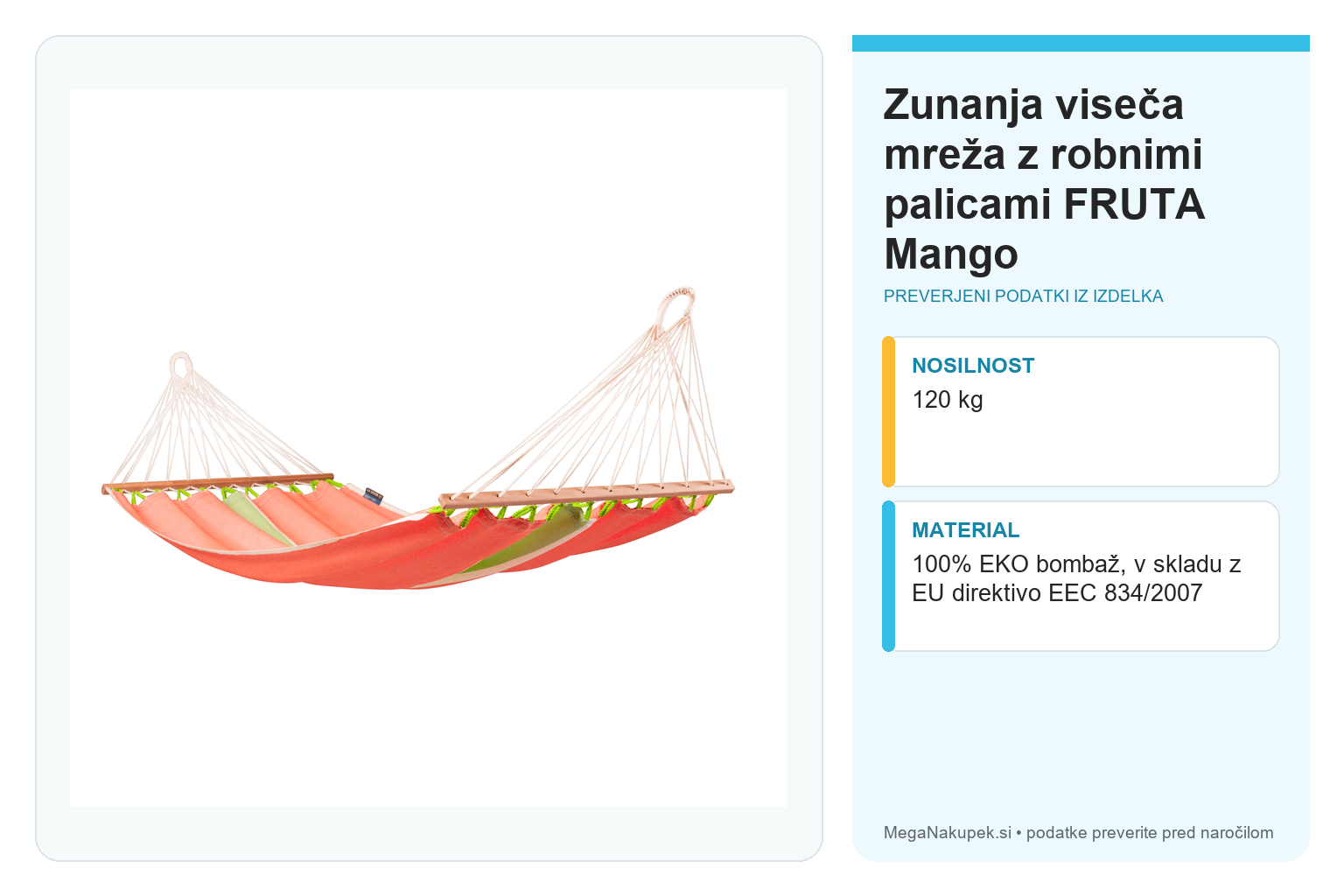 Zunanja viseča mreža z robnimi palicami FRUTA Mango – infografika s preverjenimi podatki