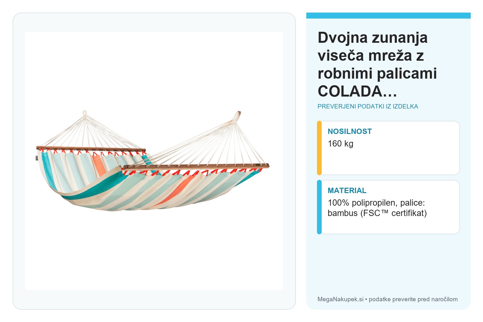 Dvojna zunanja viseča mreža z robnimi palicami COLADA Curacao – infografika s preverjenimi podatki