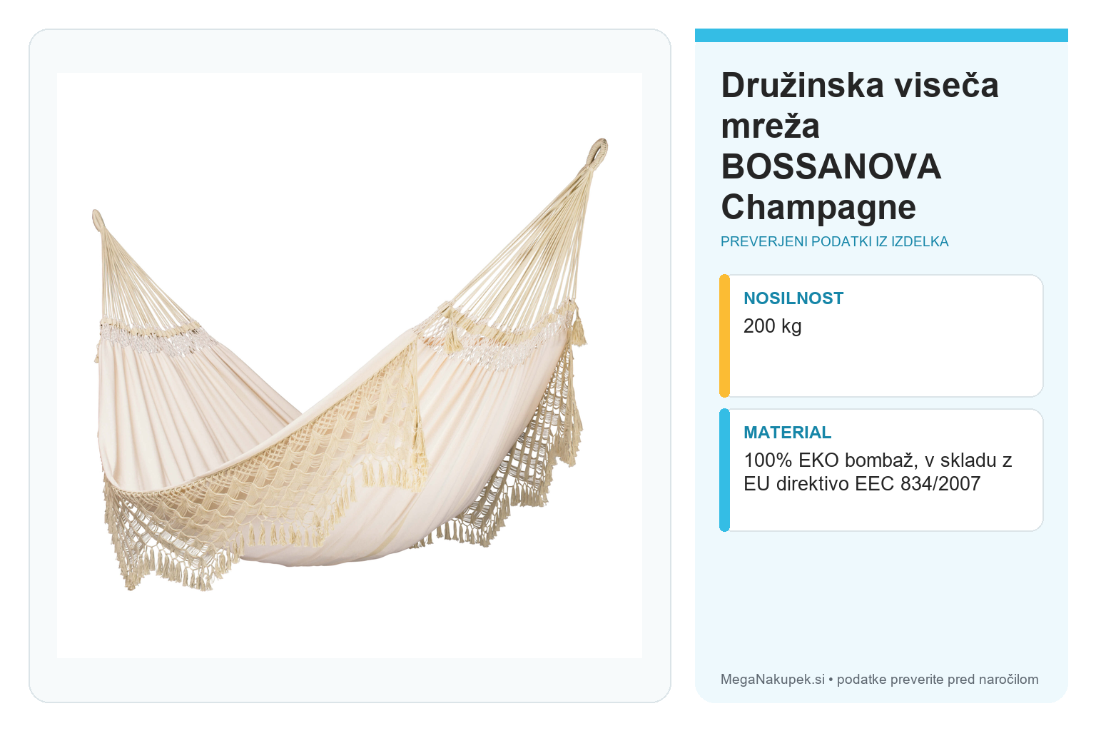 Družinska viseča mreža BOSSANOVA Champagne – infografika s preverjenimi podatki