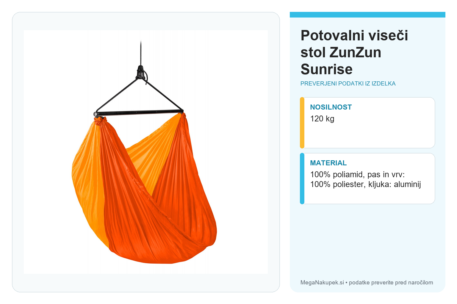 Potovalni viseči stol ZunZun Sunrise – infografika s preverjenimi podatki