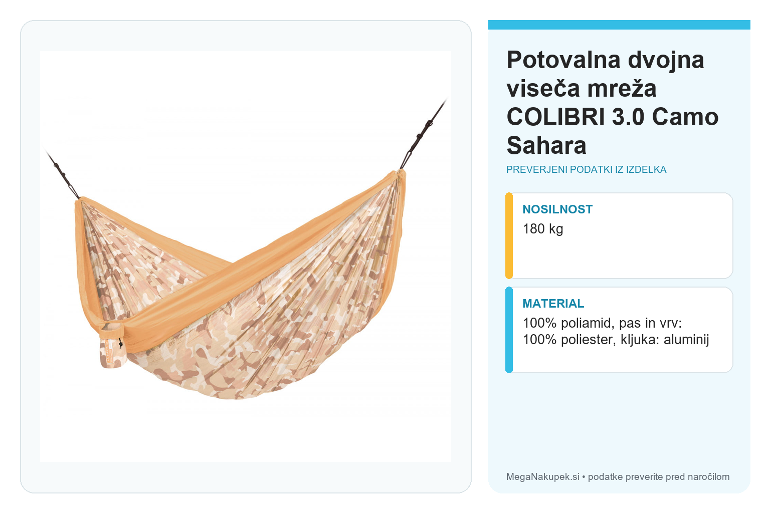 Potovalna dvojna viseča mreža COLIBRI 3.0 Camo Sahara – infografika s preverjenimi podatki