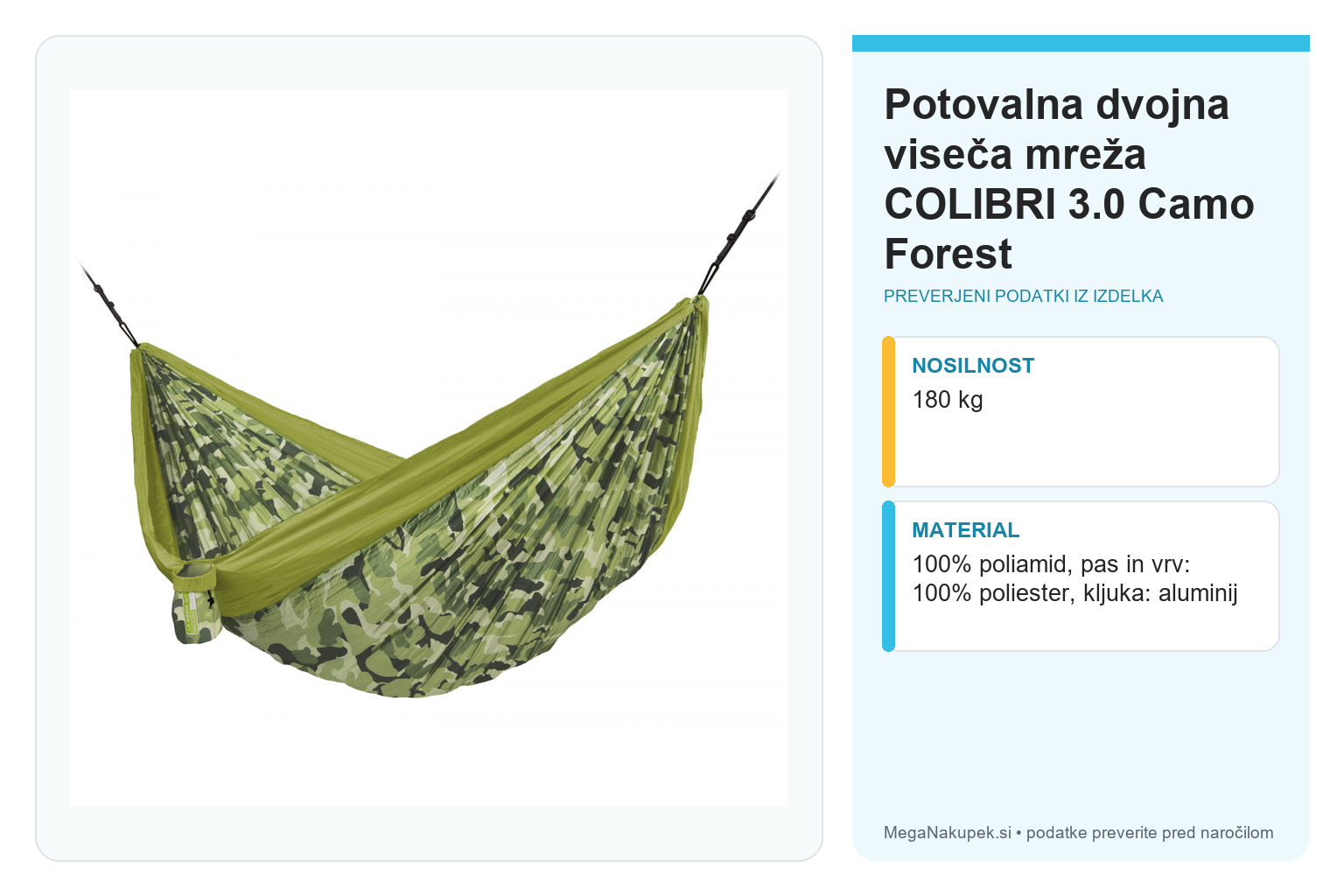 Potovalna dvojna viseča mreža COLIBRI 3.0 Camo Forest – infografika s preverjenimi podatki