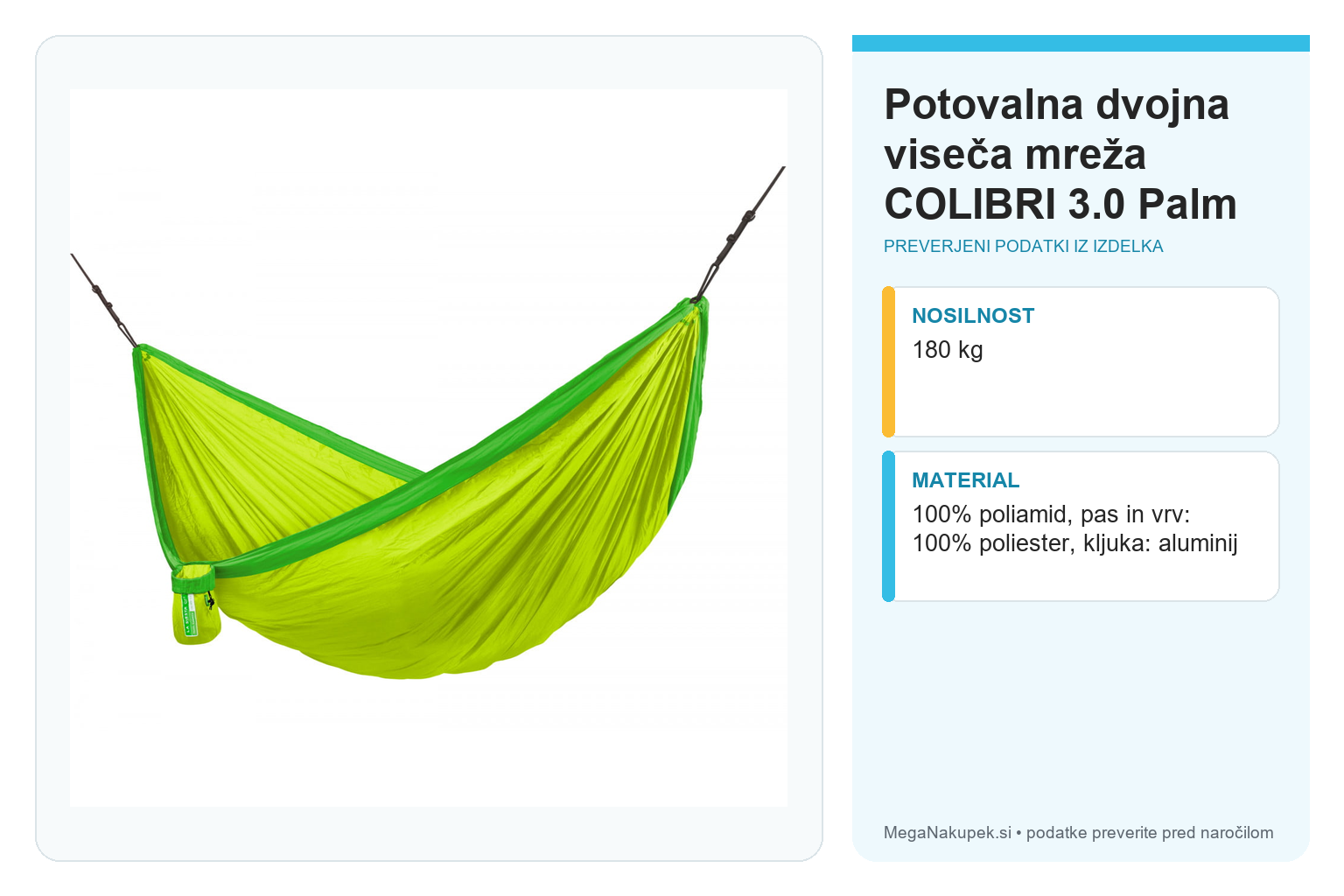 Potovalna dvojna viseča mreža COLIBRI 3.0 Palm – infografika s preverjenimi podatki