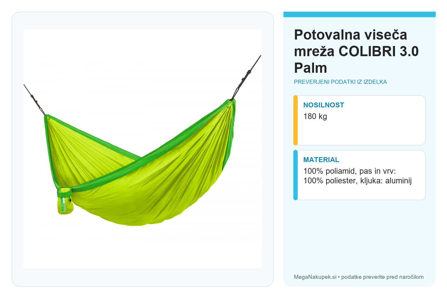 Potovalna viseča mreža COLIBRI 3.0 Palm – infografika s preverjenimi podatki