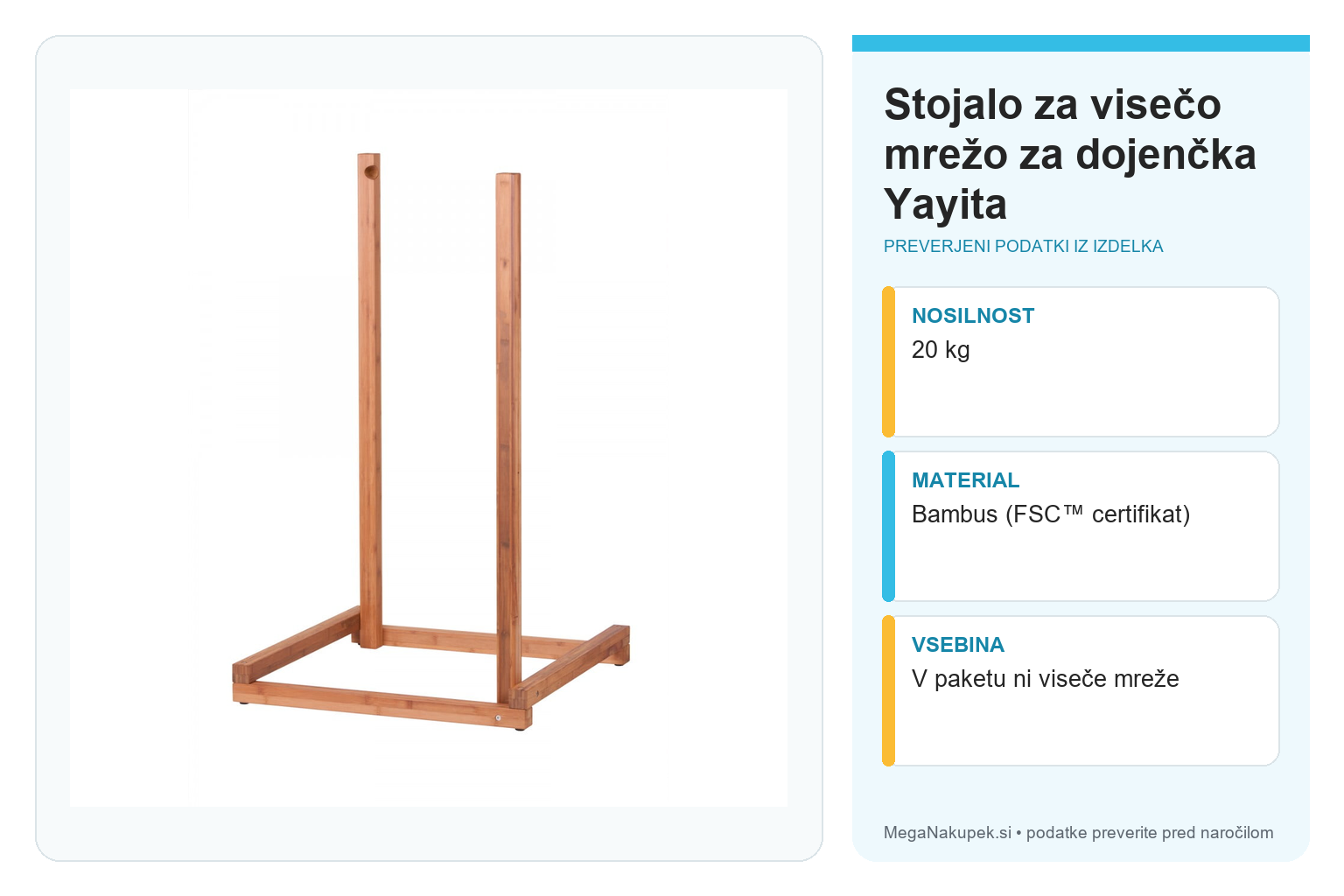 Stojalo za visečo mrežo za dojenčka Yayita – infografika s tehničnimi podatki