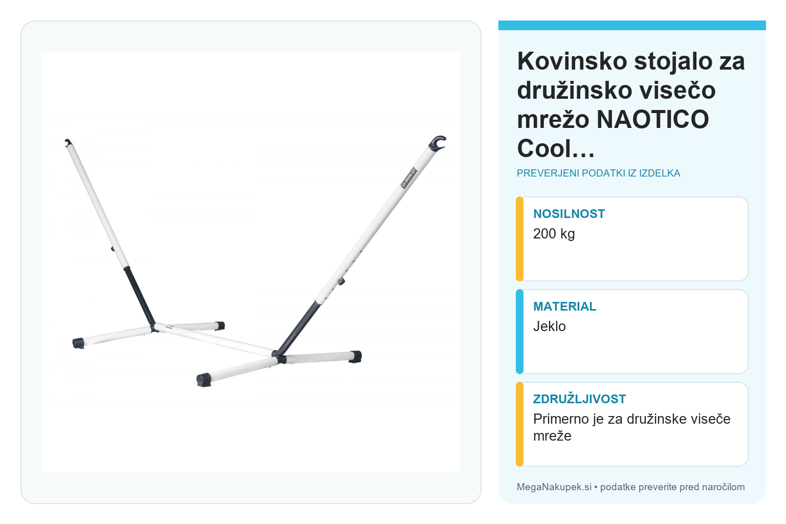 Kovinsko stojalo za družinsko visečo mrežo NAOTICO Cool Grey – infografika s tehničnimi podatki