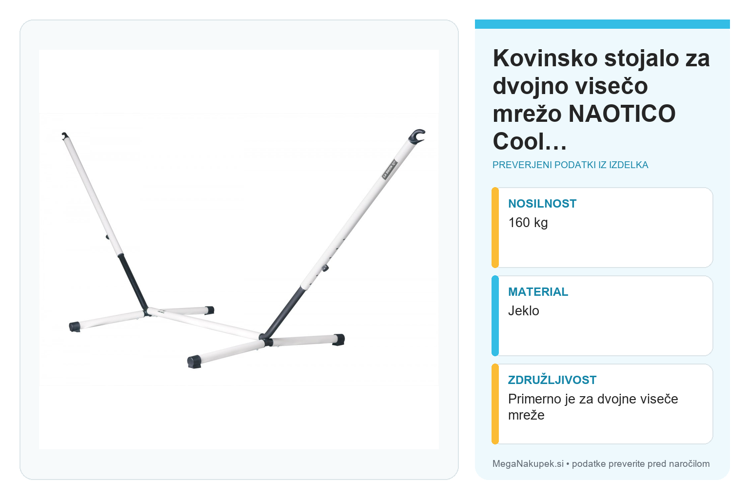 Kovinsko stojalo za dvojno visečo mrežo NAOTICO Cool Grey – infografika s tehničnimi podatki