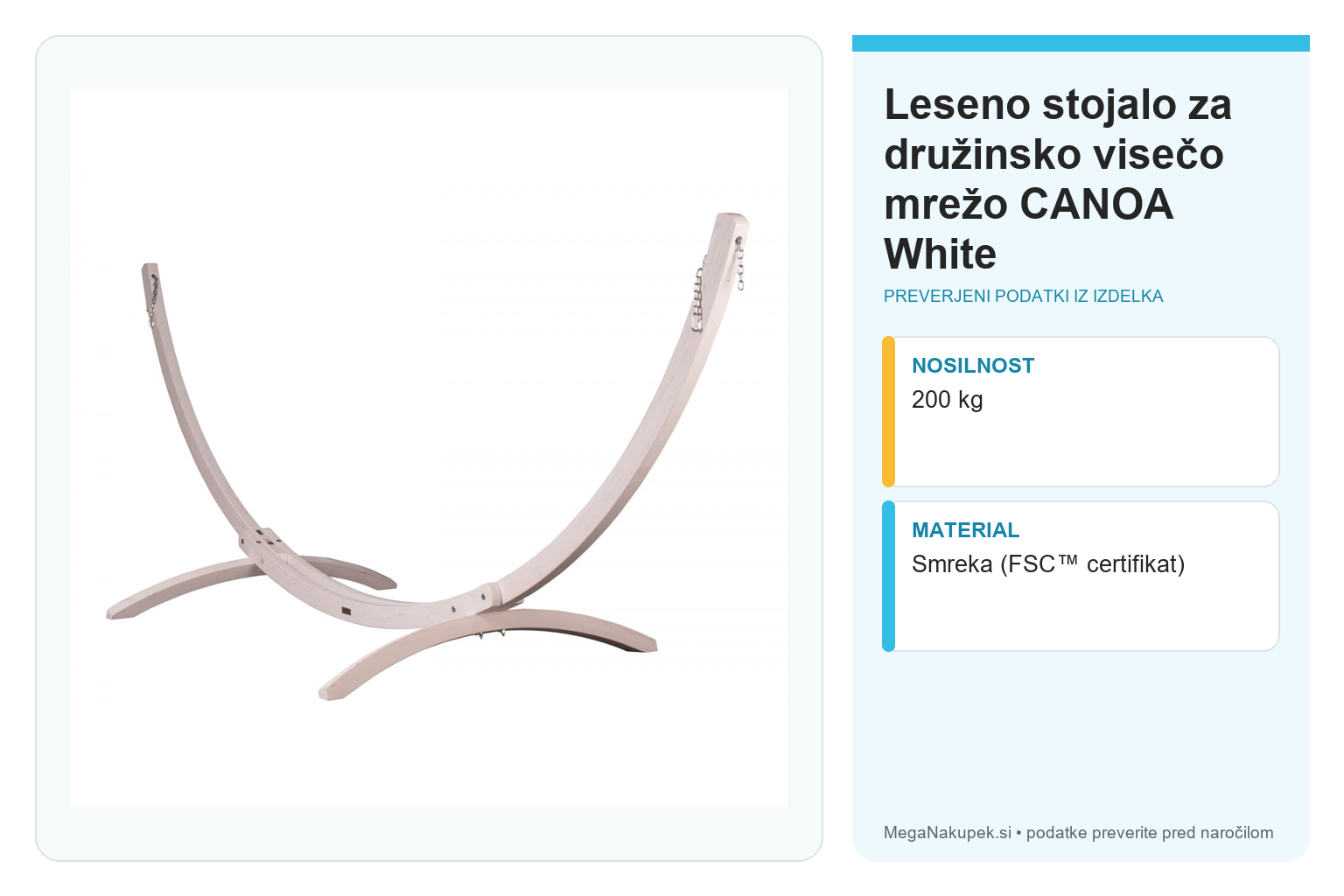 Leseno stojalo za družinsko visečo mrežo CANOA White – infografika s tehničnimi podatki