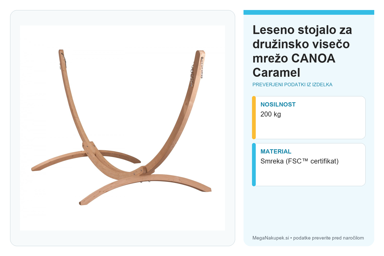 Leseno stojalo za družinsko visečo mrežo CANOA Caramel – infografika s tehničnimi podatki
