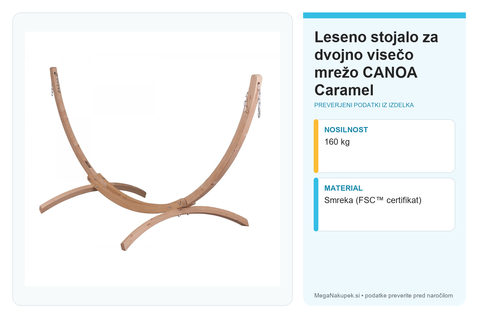 Leseno stojalo za dvojno visečo mrežo CANOA Caramel – infografika s tehničnimi podatki