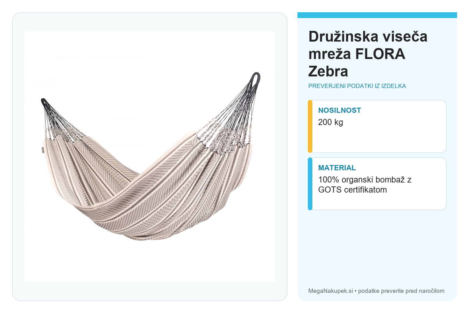 Družinska viseča mreža FLORA Zebra – infografika s preverjenimi podatki