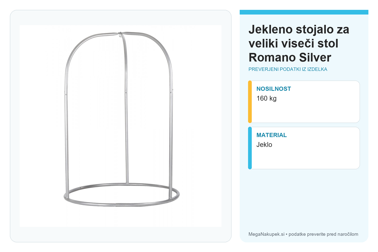 Jekleno stojalo za veliki viseči stol Romano Silver – infografika s tehničnimi podatki