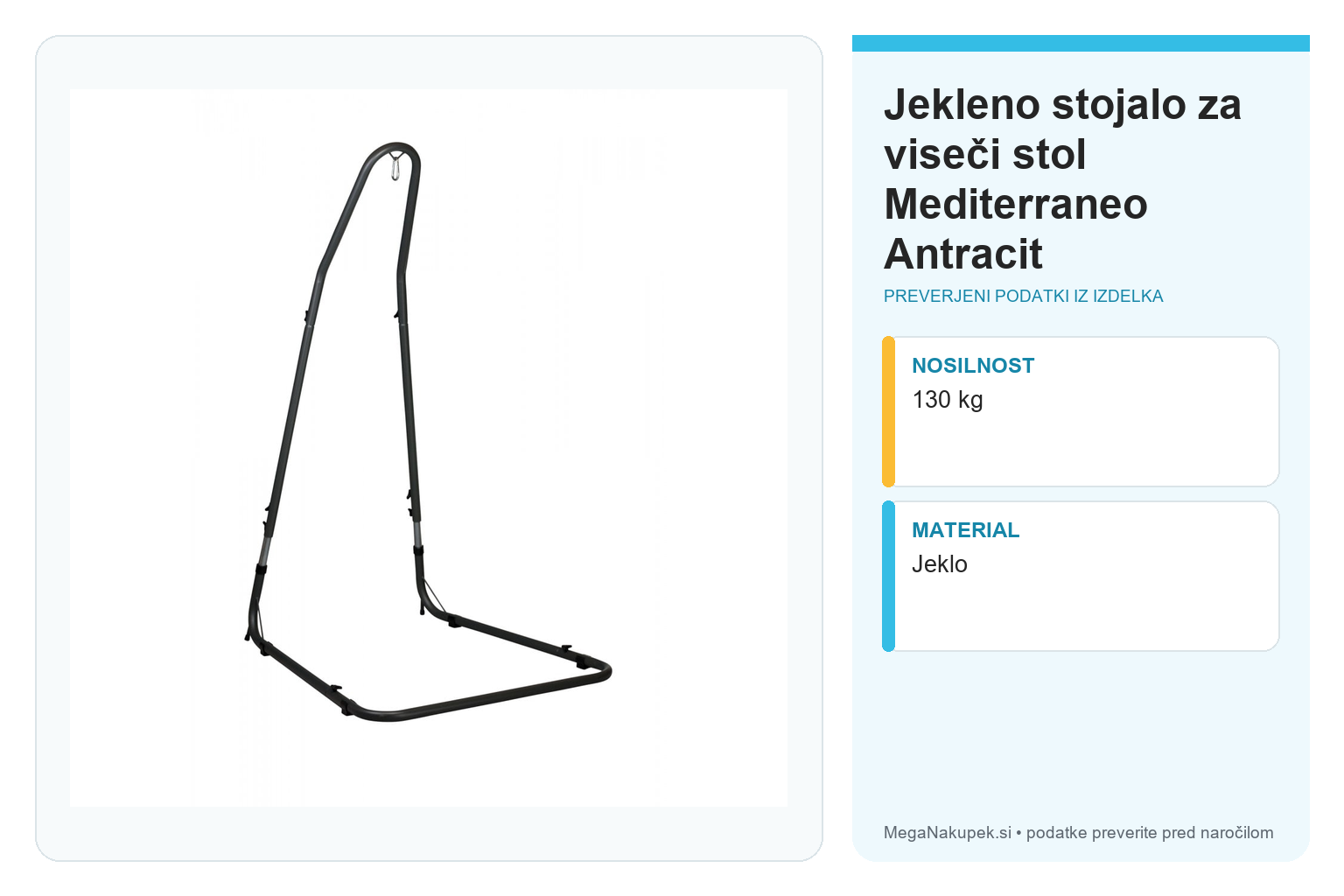 Jekleno stojalo za viseči stol Mediterraneo Antracit – infografika s tehničnimi podatki