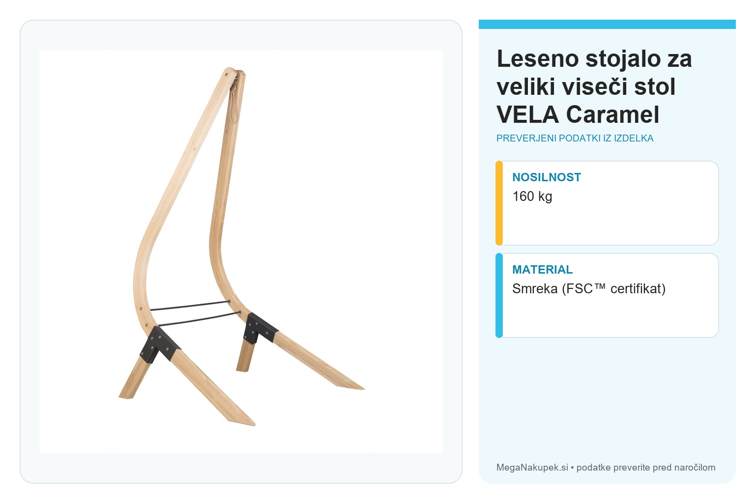 Leseno stojalo za veliki viseči stol VELA Caramel – infografika s tehničnimi podatki