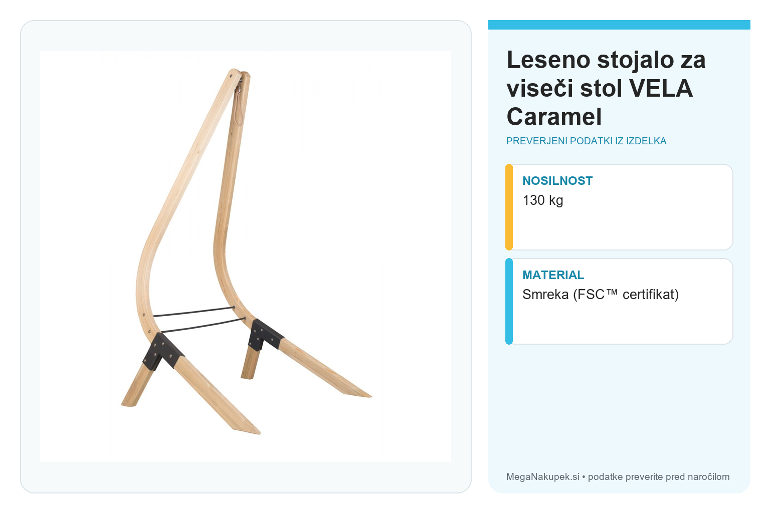 Leseno stojalo za viseči stol VELA Caramel – infografika s tehničnimi podatki